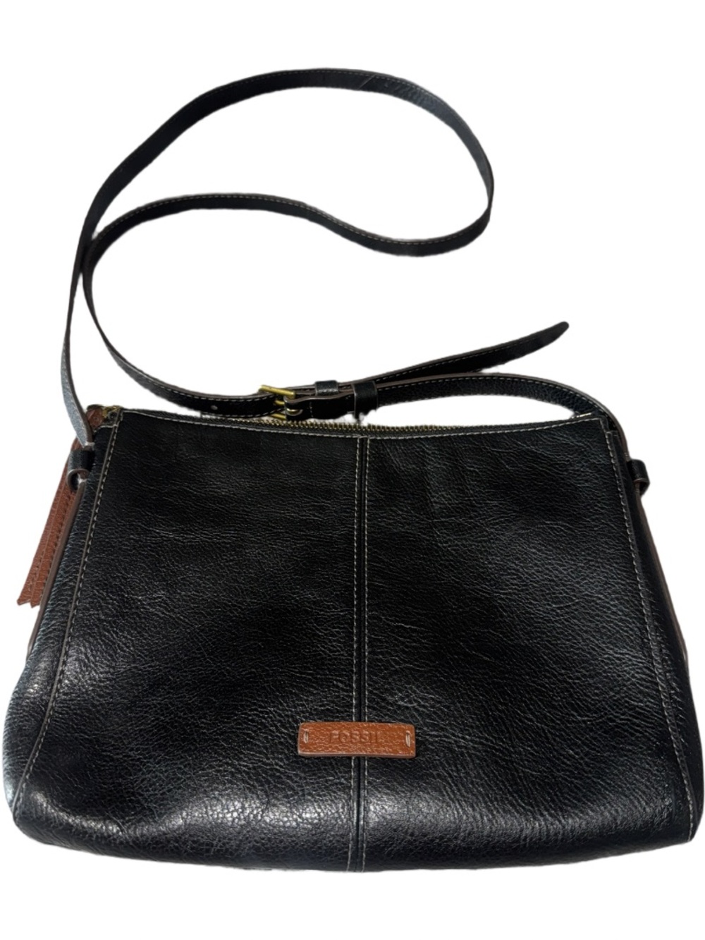 Fossil Black Leather Crossbody with Brown Accent
